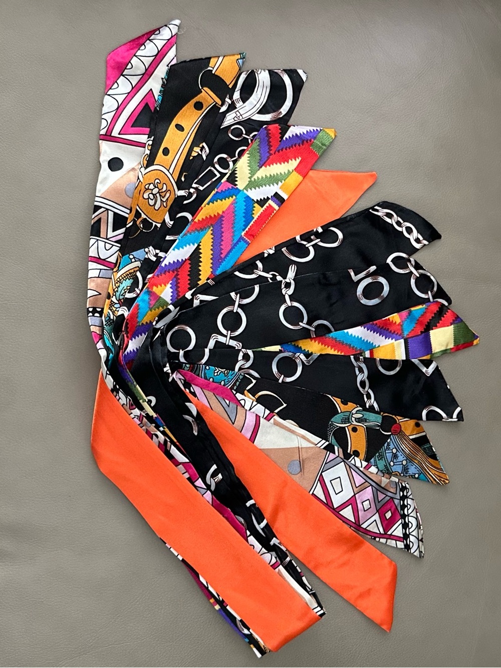 NEW SET OF 6 MULTI SATIN TWILLY SCARVES HANDBAG ACCESSORIES DECOR
